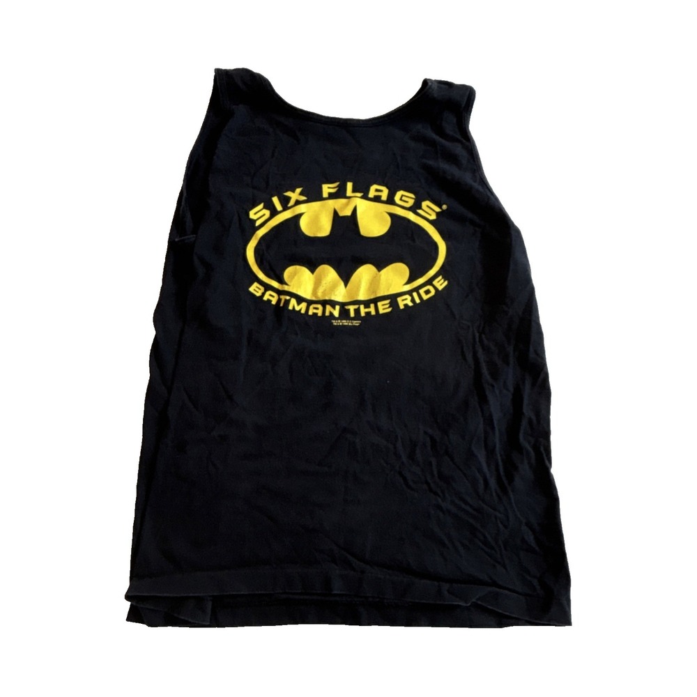 Vintage Six Flags Batman The Ride 1990s Sleeveless Graphic Tee XL Black Cotton